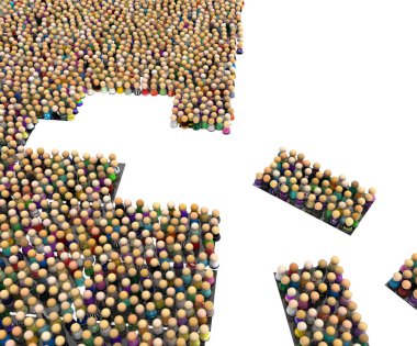 Kalabalık küçük sembolik figürler, siyah blokları, 3d resim, yatay arka plan üzerinde beyaz, izole