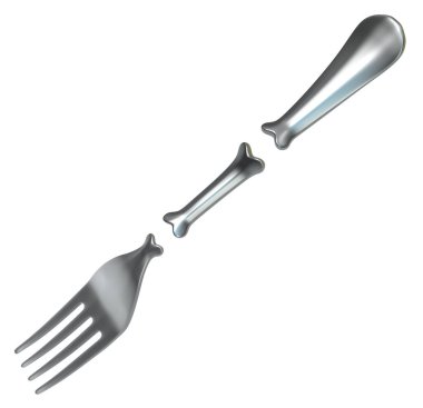 Çatal metal kemik, 3d resim, yatay, izole, üzerine beyaz