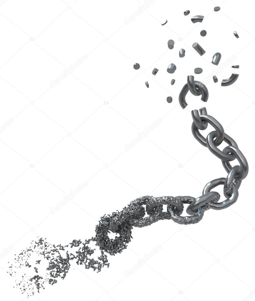 Chain liquid melting splashing breaking segment, dark grey metal 3d illustration, isolated, horizontal, over white