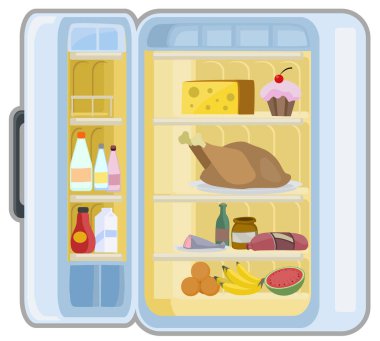 Gıda buzdolabı açık, vektör karikatür çizim tasarım öğesi yatay, beyaz bitti, izole
