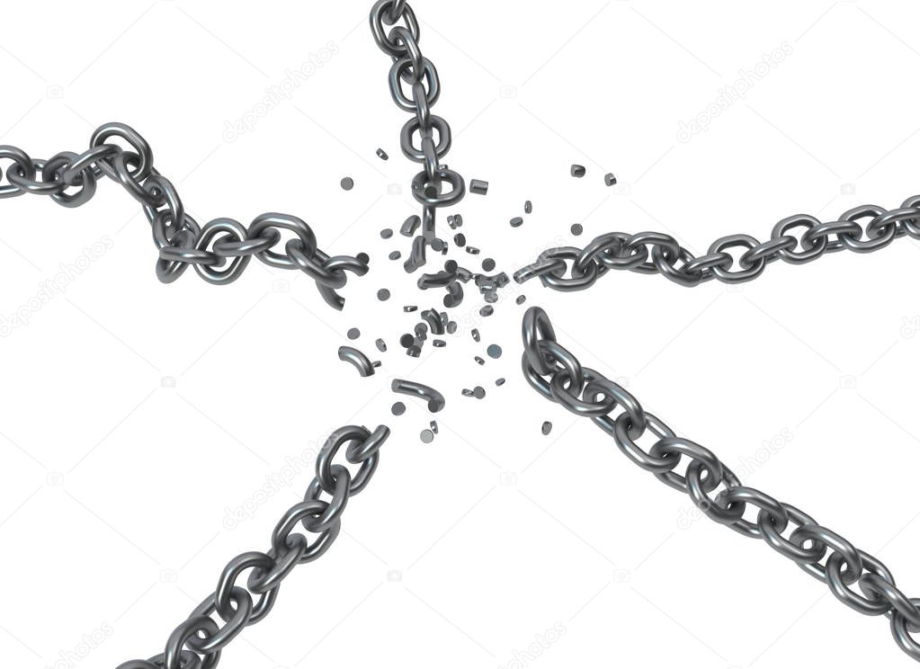 Breaking chain five directions, dark grey metal 3d illustration, isolated, horizontal, over white