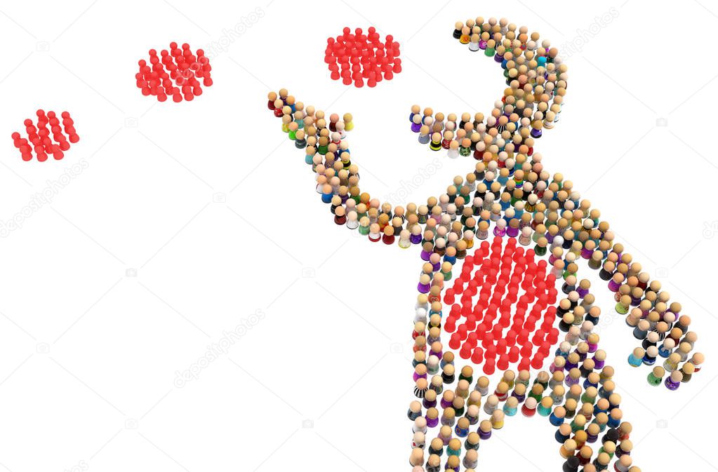 Crowd of small symbolic figures forming big person shape eating red groups, 3d illustration, horizontal, isolated, over white