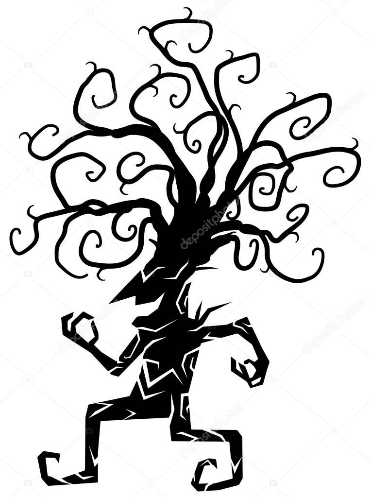 Cheery smiling walking tree cartoon character black silhouette, vector illustration, vertical, isolated, over white