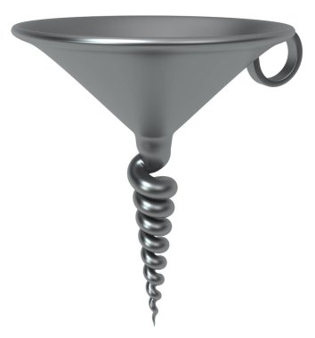 Metal huni tirbuşon son gerçeküstü soyut, 3d resim, dikey, izole, üzerine beyaz
