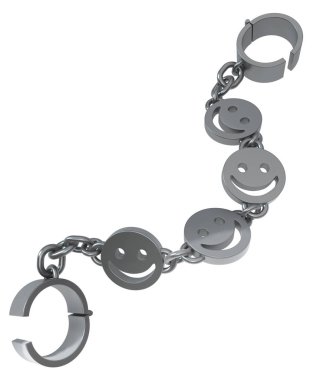 Pranga zinciri metal mutlu yüz simgesi 3d çizim, izole, dikey, üzerinde beyaz bağlar.