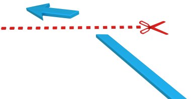 Kısa beyaz kırmızı makas line, 3d resim, yatay, kesmek mavi sembolik ok izole