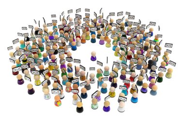 Kalabalık küçük sembolik rakamlar, çoğu posta almak, 3d resim, yatay arka plan, beyaz üzerinde izole