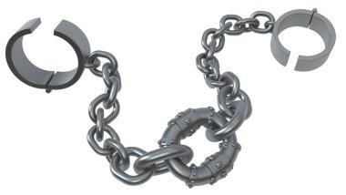 Pranga zinciri sağlam bağlar gri beyaz üzerinde 3d çizim, izole, yatay, metal
