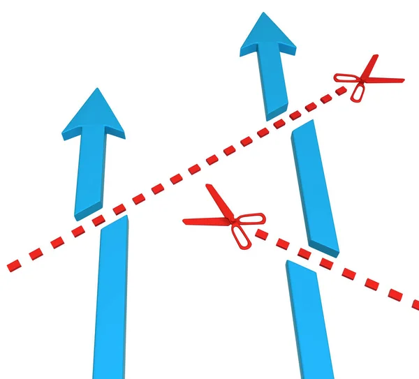 Flèches Symboliques Bleues Coupées Courtes Par Une Ligne Ciseaux Rouges — Photo