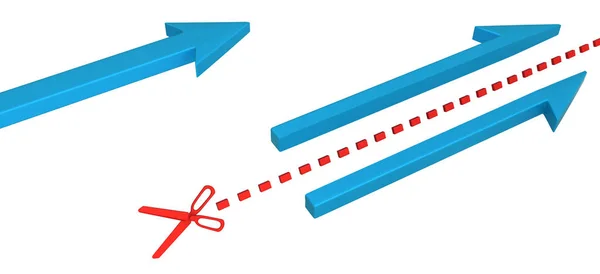 蓝色象征性箭头由红色剪刀线切开 在白色 被隔绝 — 图库照片