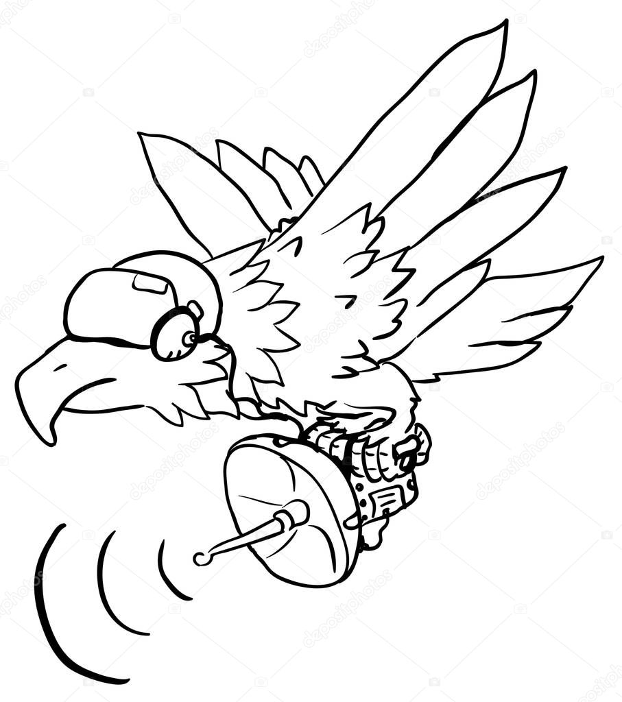 Eagle scanner flying cartoon line drawing, vector, horizontal, over white