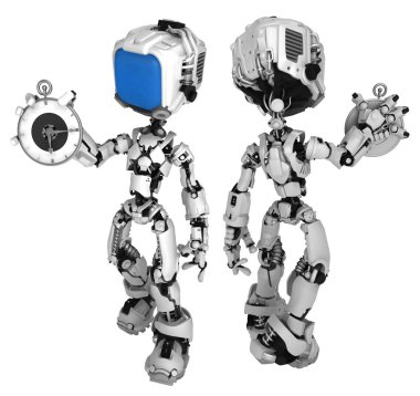 Ekran robot resim karakter poz yuvarlak izle elinde tutan, ön ve arka, 3d resim, yatay, izole