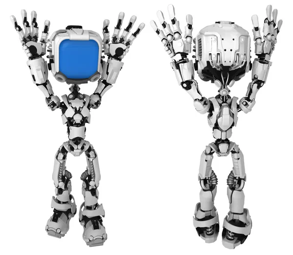 Bildschirmroboterfigur Pose Die Hände Aufgebend Vorne Und Hinten Illustration Horizontal — Stockfoto