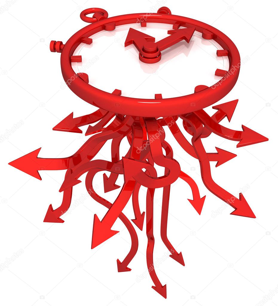 Red symbolic time arrow clock roots spreading surreal, 3d illustration, vertical, over white, isolated