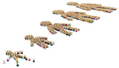 Kalabalık oluşturan büyük insan şekilleri farklı boyutlarda, 3d resim, yatay, izole, üzerine beyaz küçük sembolik rakamlar