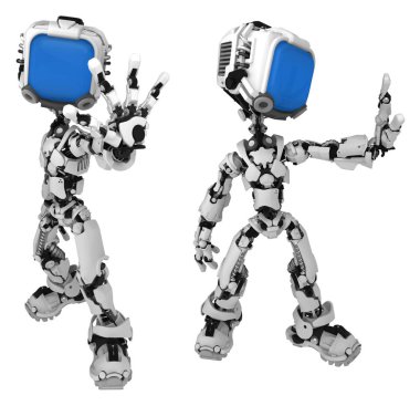 Ekran robot resim karakter poz dur Kol, uzanmış 3d illüstrasyon, yatay, izole