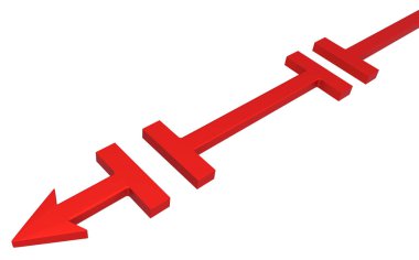 Kırmızı sembolik ok segment kesme, 3d resim, yatay, beyaz bitti, izole