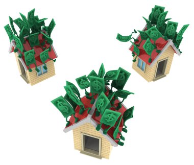 Doları para sembol çizgi film karakterleri üstünde tepe-in ev çatıları, 3d resim, yatay, izole, üzerine beyaz