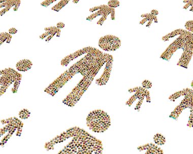 Kalabalık oluşturan büyük insan şekilleri farklı boyut grupları, 3d resim, yatay, izole, üzerine beyaz küçük sembolik rakamlar