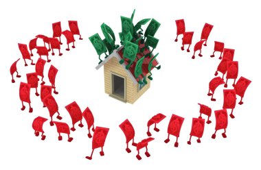 Doları para sembol çizgi film karakterleri çevrili ev çatıları üzerine çevrili kırmızı, 3d illüstrasyon, yatay, izole, üzerinde beyaz