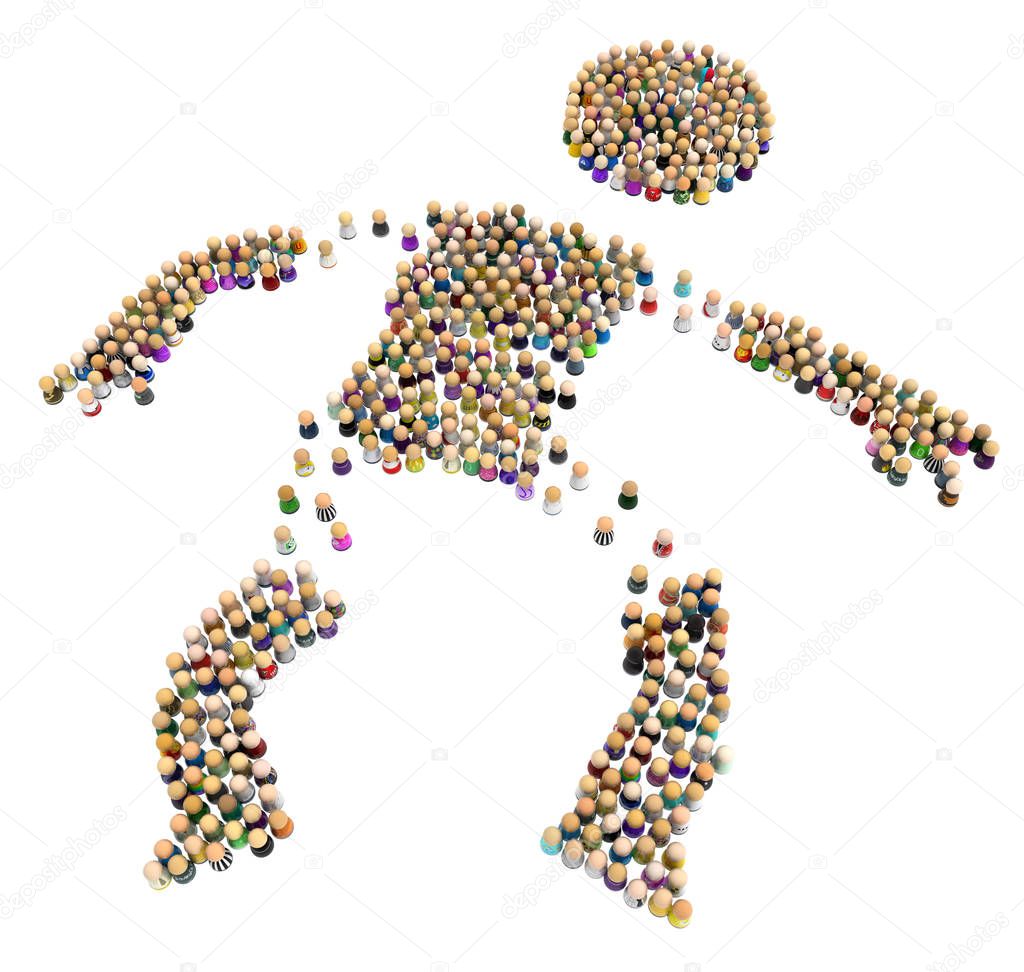 Crowd of small symbolic figures forming big person shape breaking, 3d illustration, horizontal, isolated, over white