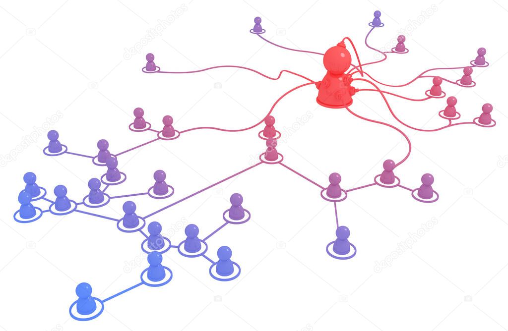 Circles people hub linked by lines connection system red and blue, over white, isolated, horizontal 3d illustration