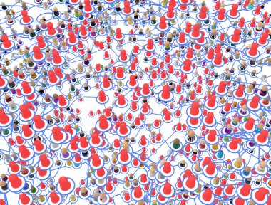 Crowd of small symbolic 3d figures linked by lines, complex layered system with red ones everywhere, over white, horizontal clipart