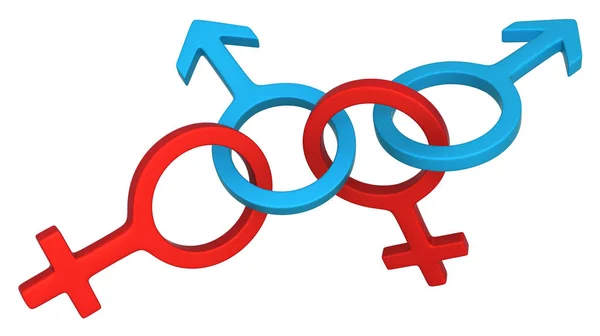 性别男性和女性符号四环 查出的 水平的 在白色 — 图库照片
