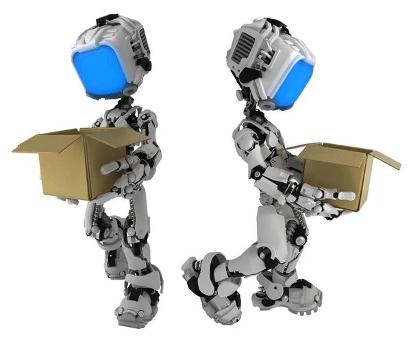 Personaje Figura Robot Pantalla Que Lleva Caja Cartón Ilustración Horizontal —  Fotos de Stock