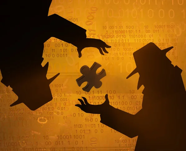Spion Schatten Figur Geben Puzzleteil Anderen Orange Farbe Cyberspace Virtual — Stockfoto
