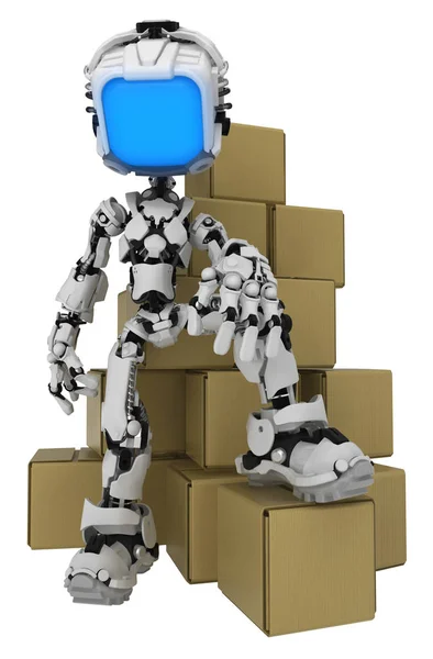 Personaje Figura Robot Pantalla Pose Con Cajas Cartón Ilustración Vertical — Foto de Stock