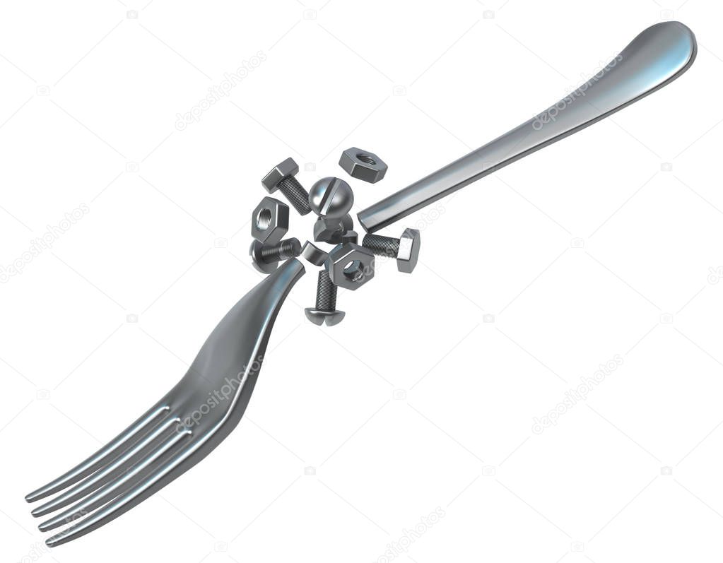 Fork metal bolts break, 3d illustration, horizontal, isolated, over white