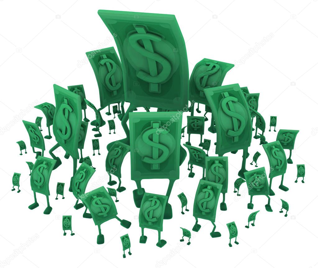 Dollar money symbol cartoon characters diminishing sizes crowd, 3d illustration, horizontal, isolated, over white