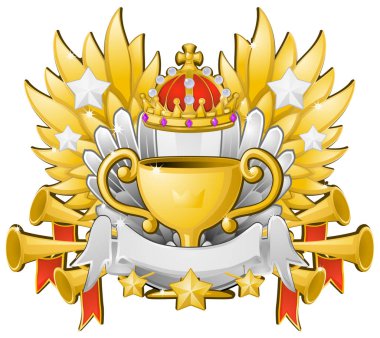 Award emblem trophy, first place gold cup, color vector illustration design, horizontal, over white, isolated clipart