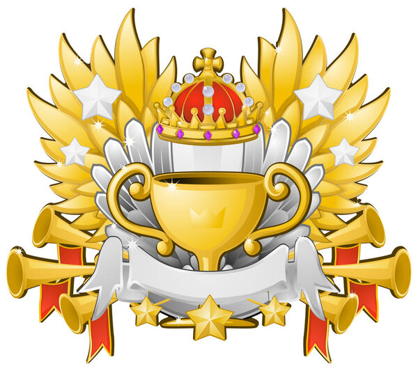 Award emblem trophy, first place gold cup, color vector illustration design, horizontal, over white, isolated