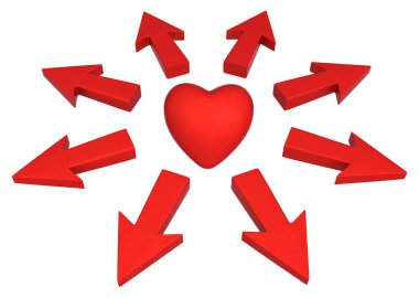 Kırmızı sembolik oklar yaymak Sevgililer kalp, 3d resim, yatay, beyaz bitti, izole