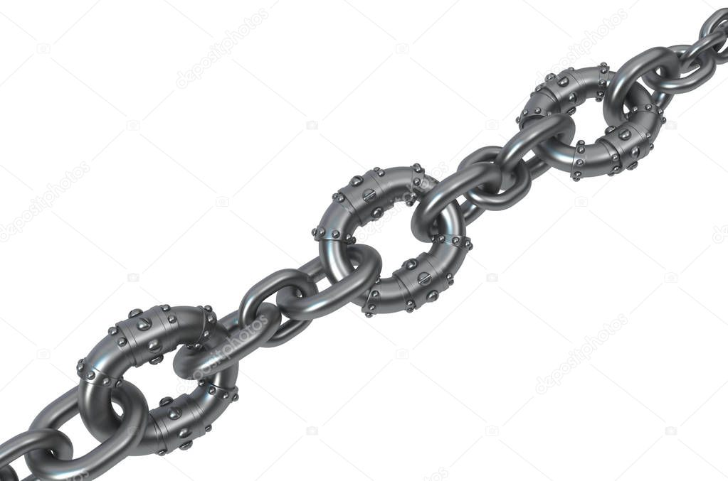 Chain with reinforced strong links, dark grey metal 3d illustration, isolated, horizontal, over white