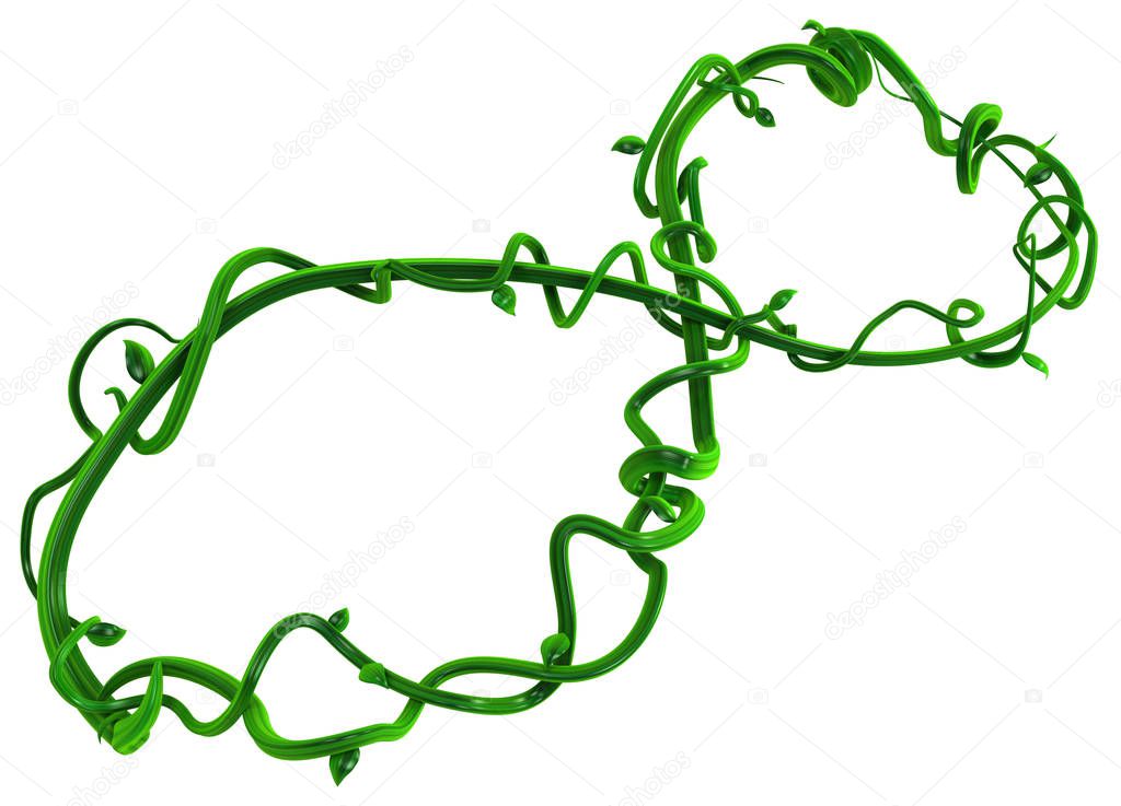 Plant vines green growing twisting infinite loop, 3d illustration, horizontal, isolated, over white