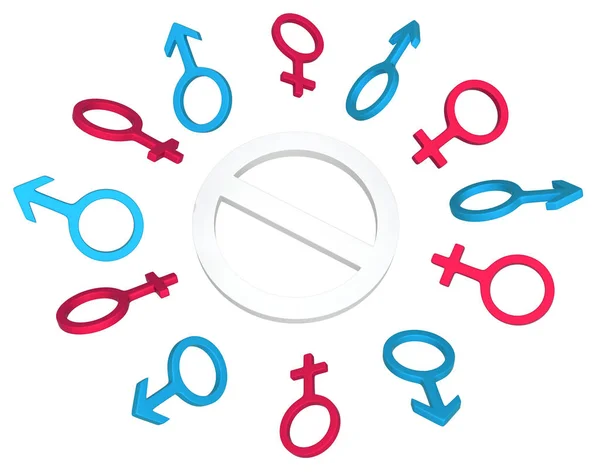 Gender male and female symbols around ban circle, 3d illustration, isolated, horizontal, over white