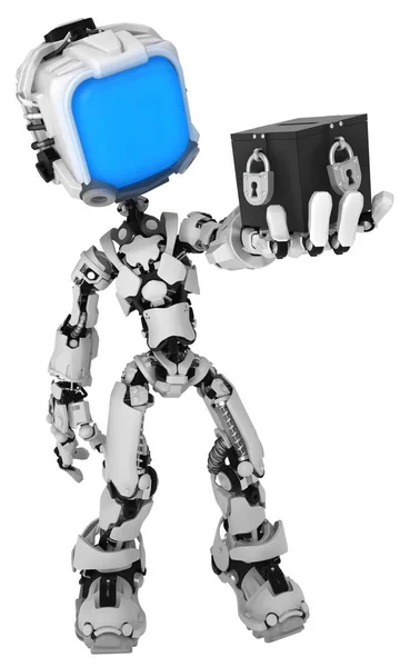 Tela Robô Figura Personagem Pose Com Caixa Preta Ilustração Vertical — Fotografia de Stock