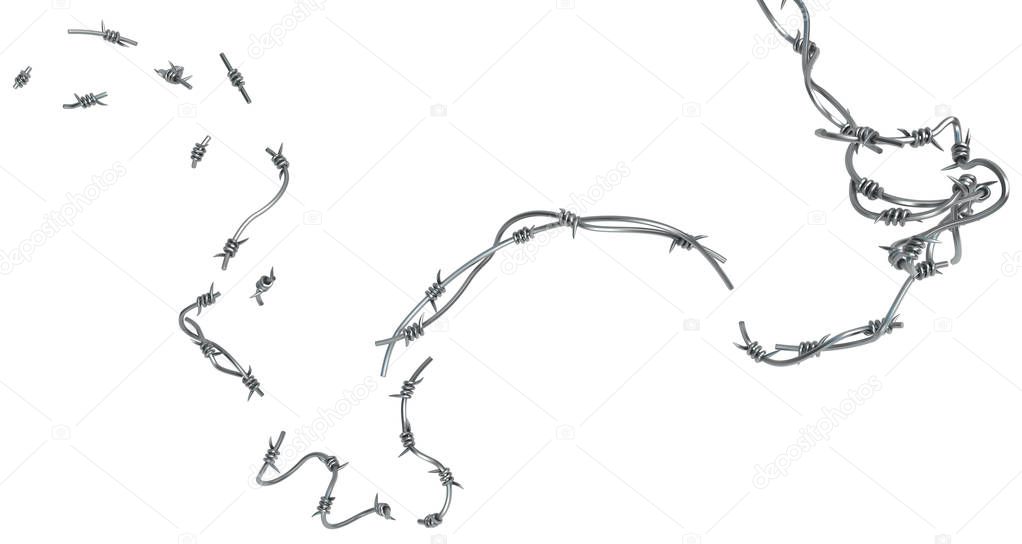 Barbed wire breaking pieces, grey metal 3d illustration, isolated, horizontal, over white