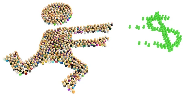 Crowd Small Symbolic Figures Forming Big Person Shape Chasing Money — Stock Photo, Image