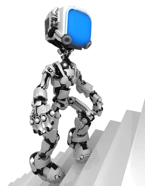 Skärmen Robot Figur Karaktär Pose Går Uppför Trappor Illustration Horisontell — Stockfoto