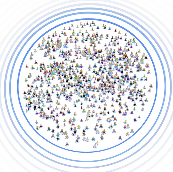 Crowd of small symbolic 3d figures circled system users ring ripple, over white, horizontal, isolated
