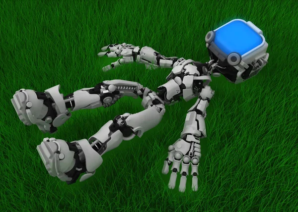 Screen Robot Figure Character Pose Lying Grass Illustration Horizontal — Stock Photo, Image