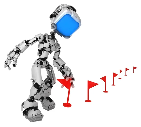 スクリーン ロボット図文字ポーズ赤フラグが設定マーカー つを取って 図では 水平分離 — ストック写真