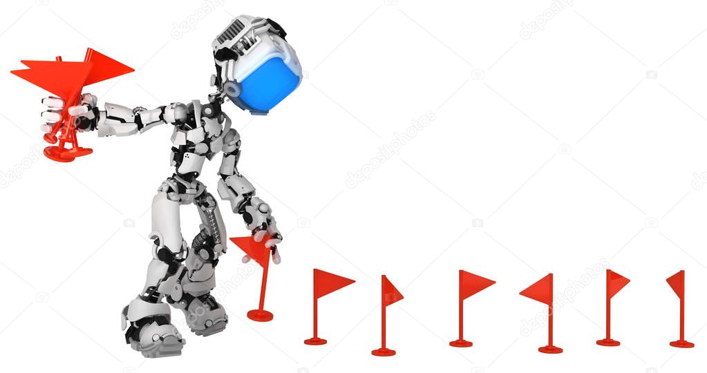 Screen robot figure character pose placing red flag markers, 3d illustration, over white, horizontal, isolated