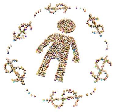 Kalabalık oluşturan büyük insan şekli para daire, 3d resim, yatay, izole, üzerine beyaz küçük sembolik rakamlar