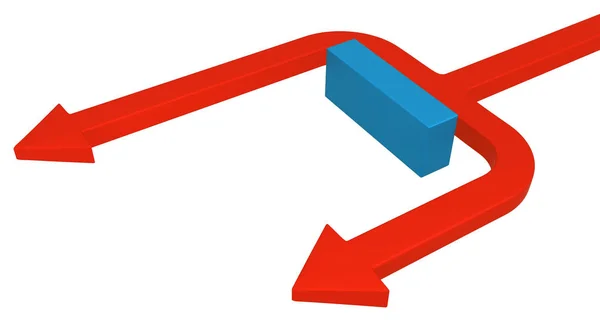 Flecha Simbólica Roja Dividida Que Pasa Alrededor Del Bloque Azul — Foto de Stock