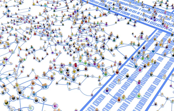 Multitud Pequeñas Figuras Simbólicas Vinculadas Por Líneas Complejas Carreteras Datos —  Fotos de Stock